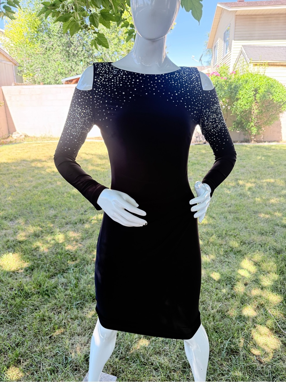 Cache Black Cold-Shoulder Rhinestone Sheath Dress